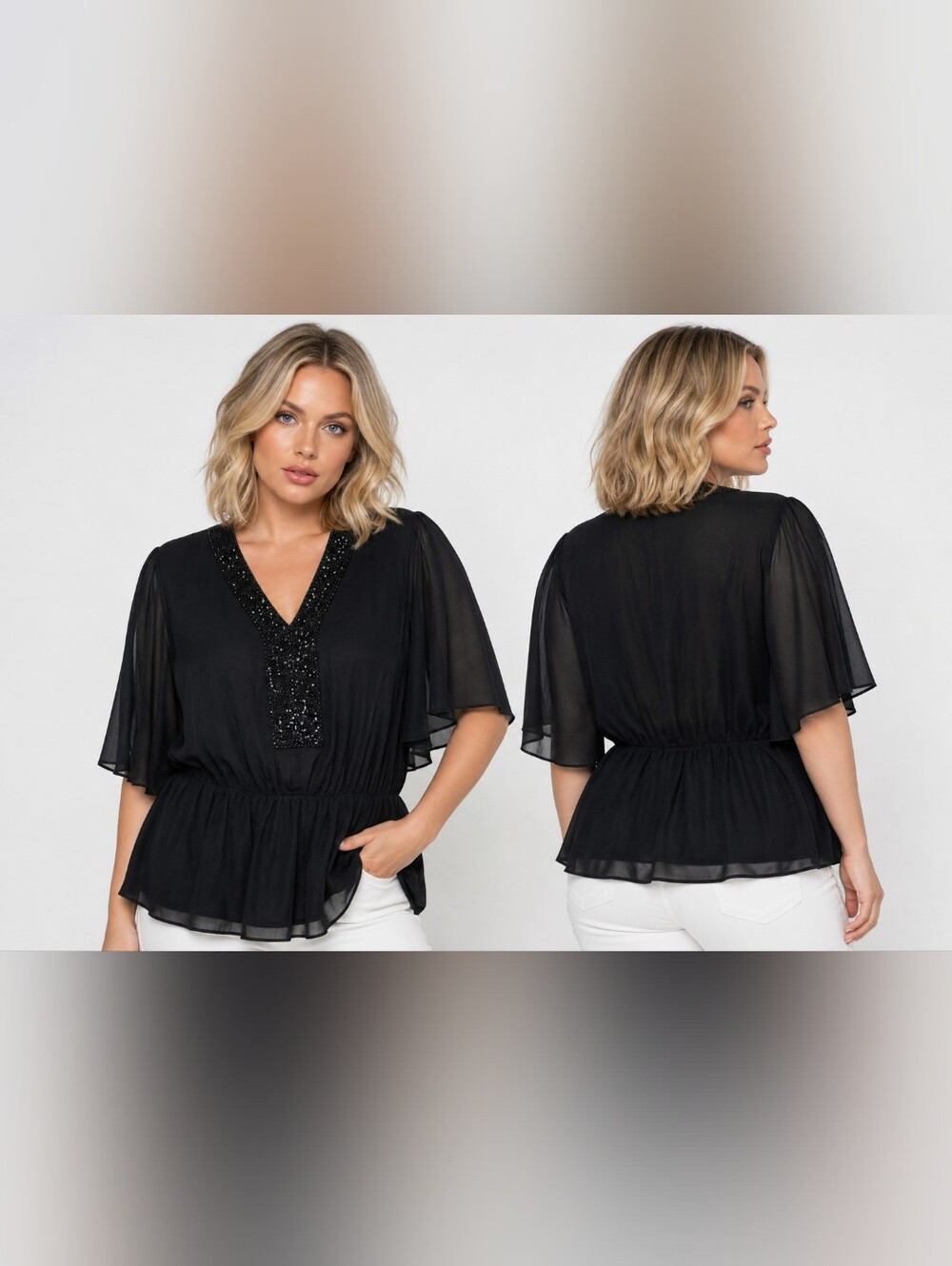 New American Glamour Badgley Mischka Beaded V-Neck Chiffon Top Plus Size Lined